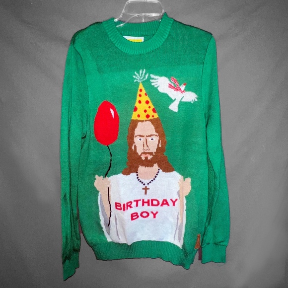 Tipsy Elves Ugly Christmas Sweater Birthday Boy Jesus Funny Party Festive Green - Picture 8 of 11